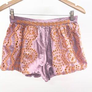 Free People Lavender High-Waist Shorts with Orange Eyelet Embroidery